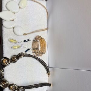Mixed Jewelry Lot - White Resin Necklace, Gold Multi-Strand Bracelet, Earrings